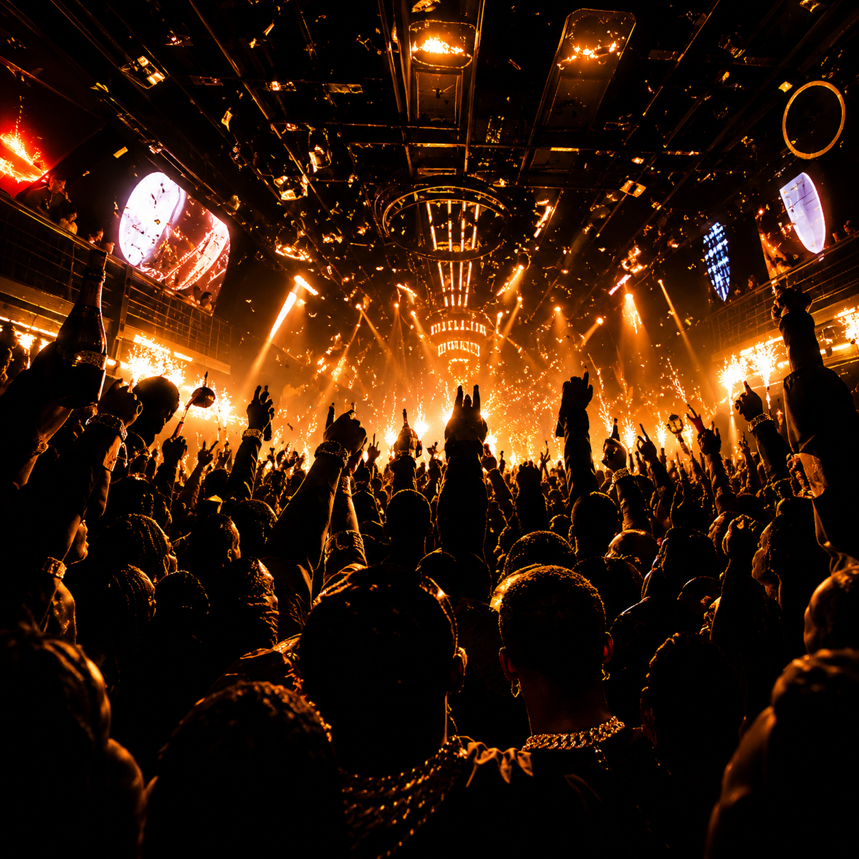turn-up-migos-type-beat Club-ready trap beat artwork featuring a packed nightclub with gold lighting, raised hands, champagne celebrations, and high-energy Atlanta nightlife inspired by Migos-style trap music and party anthems
