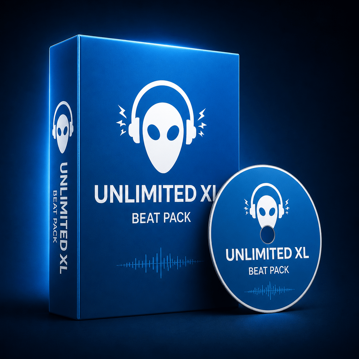 unlimited xl beat pack tape A blue box and CD labeled UNLIMITED XL BEAT PACK feature a stylized white face with headphones and sound wave graphics, set against a dark gradient background.