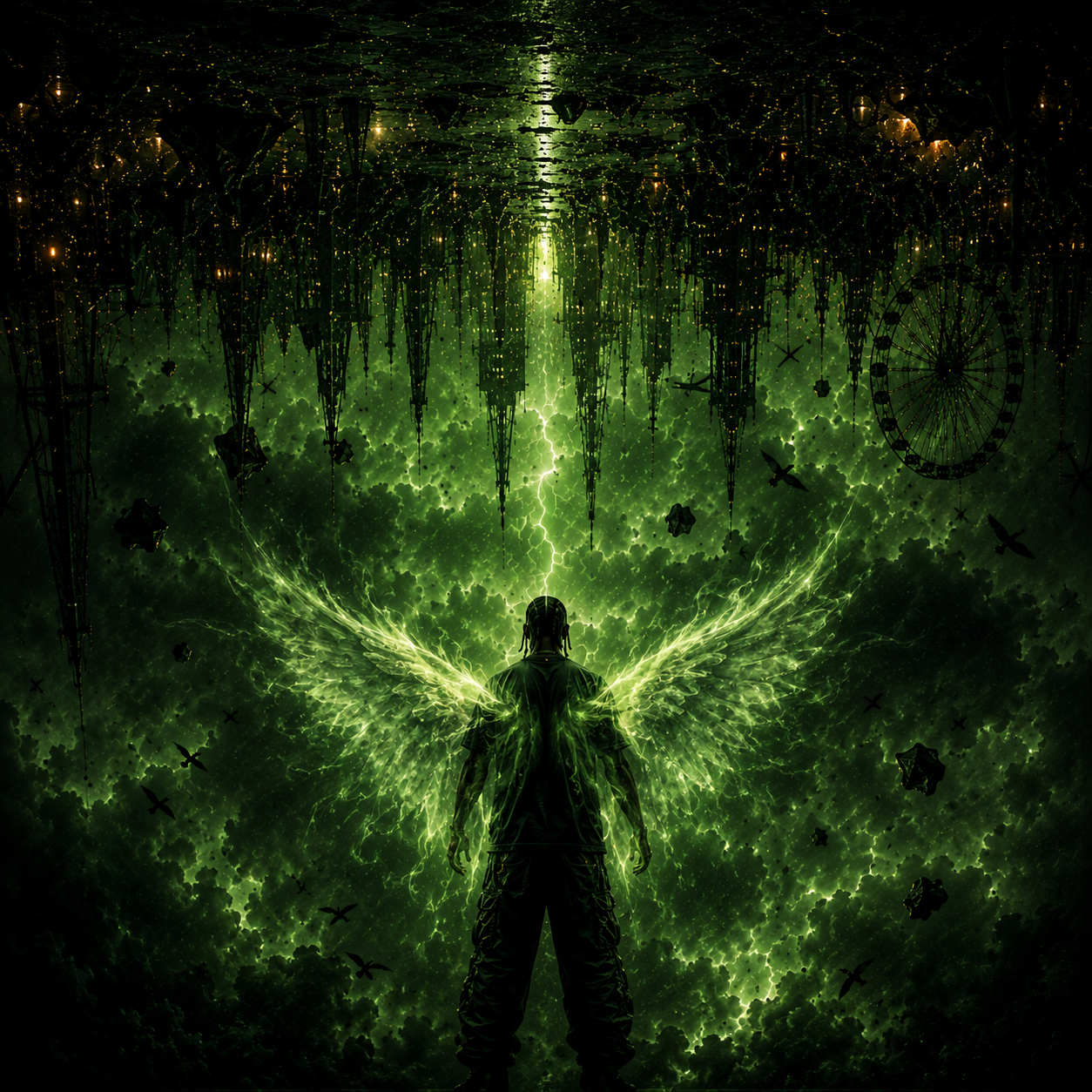 upside-down-travis-scott-type-beat Dark cinematic rapper with glowing ghostly angel wings standing beneath an upside-down post-apocalyptic city surrounded by green lightning, floating debris, and atmospheric storm clouds, representing the dreamy emotional melodies, spacious drums, and open Travis Scott-inspired melodic hip hop sound