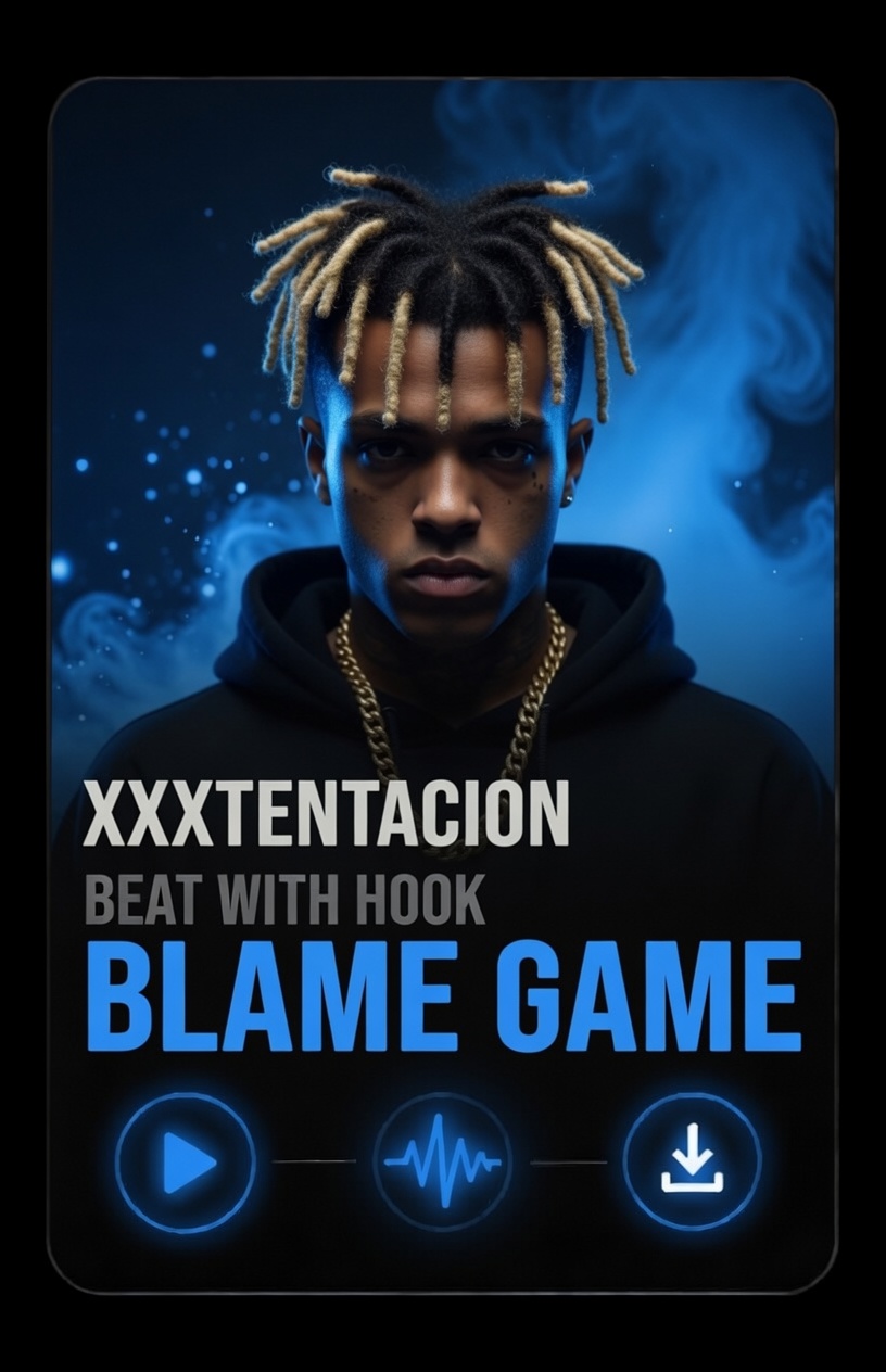 xxxtentacion type beat with hook blame game A promotional graphic of XXXTentacion for the track Blame Game with a blue smoky background, bold text, and play, waveform, and download icons at the bottom.