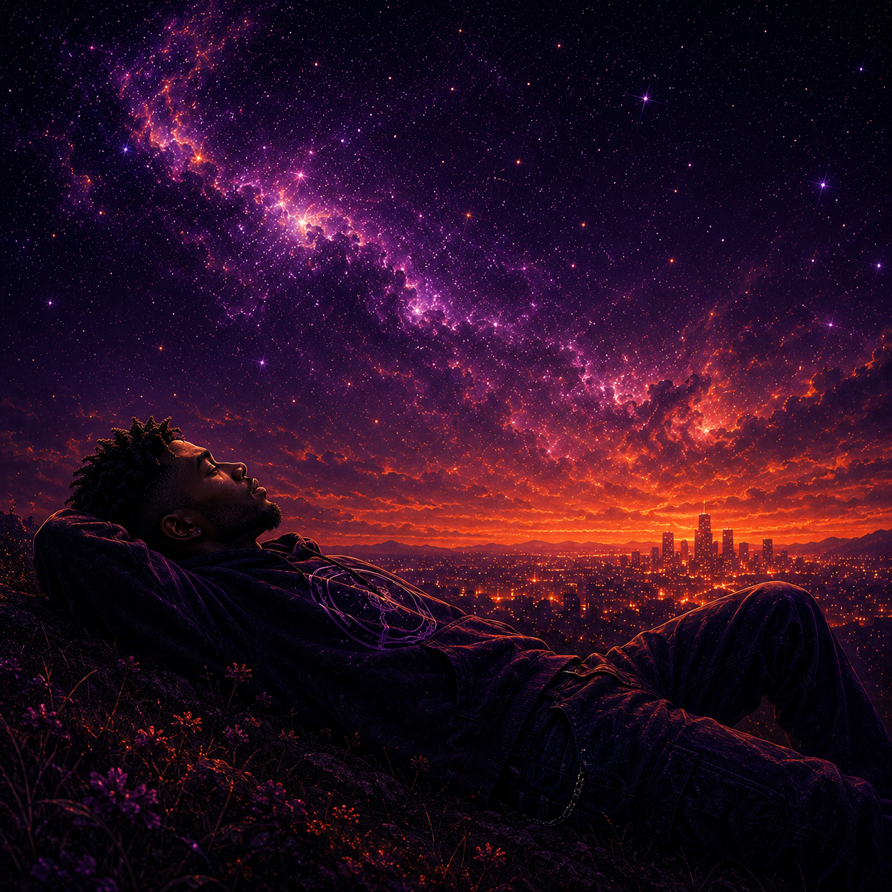 zonin-kid-cudi-type-beat Trippy experimental hip hop artwork inspired by Kid Cudi featuring a rapper lying beneath a glowing cosmic sky filled with purple nebulae and orange city lights creating a dreamy psychedelic late-night atmosphere