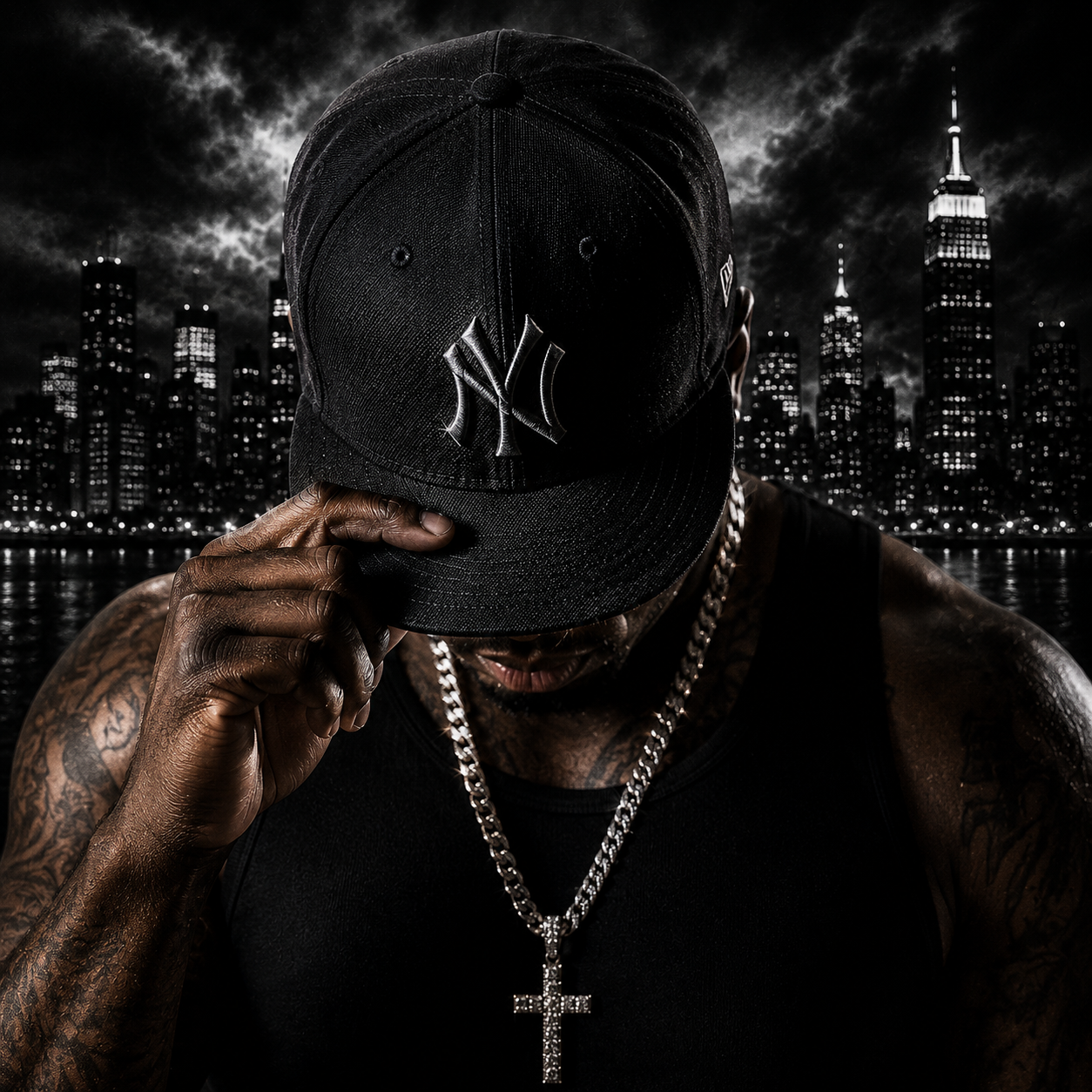 50-cent-inspired-street-rapper-portrait 50 Cent inspired hip hop artwork featuring a street rapper looking down while adjusting his baseball cap, silver chain visible, against a dramatic New York skyline at night, representing gritty street rap, hustler mentality, and cinematic hip hop instrumentals.