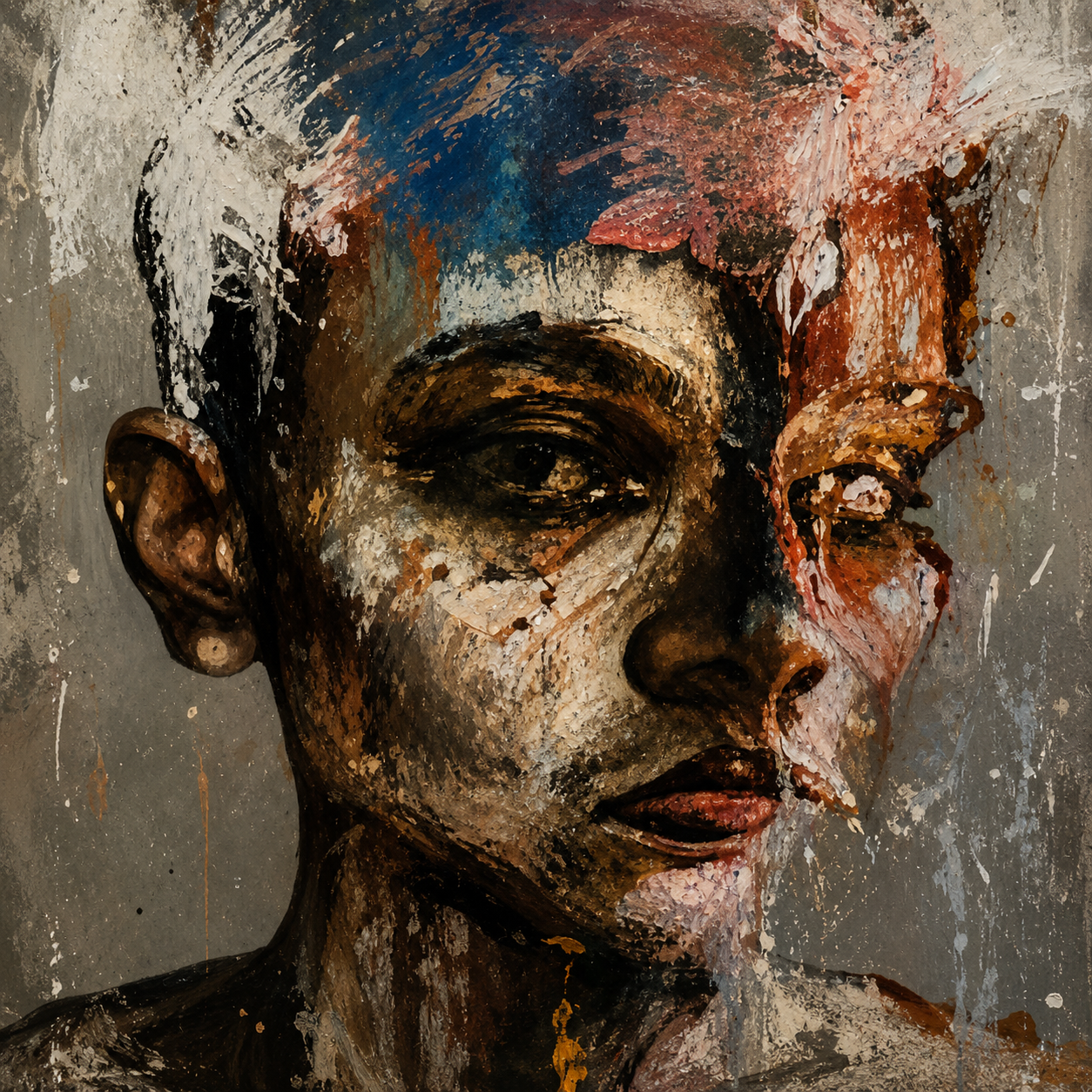 addendum-kanye-type-beat Abstract alternative hip hop artwork featuring a fragmented artistic portrait created with layered textures, expressive brush strokes, and unconventional mixed-media elements, reflecting the experimental creativity, emotional depth, and boundary-pushing production style of Kanye-inspired instrumentals.
