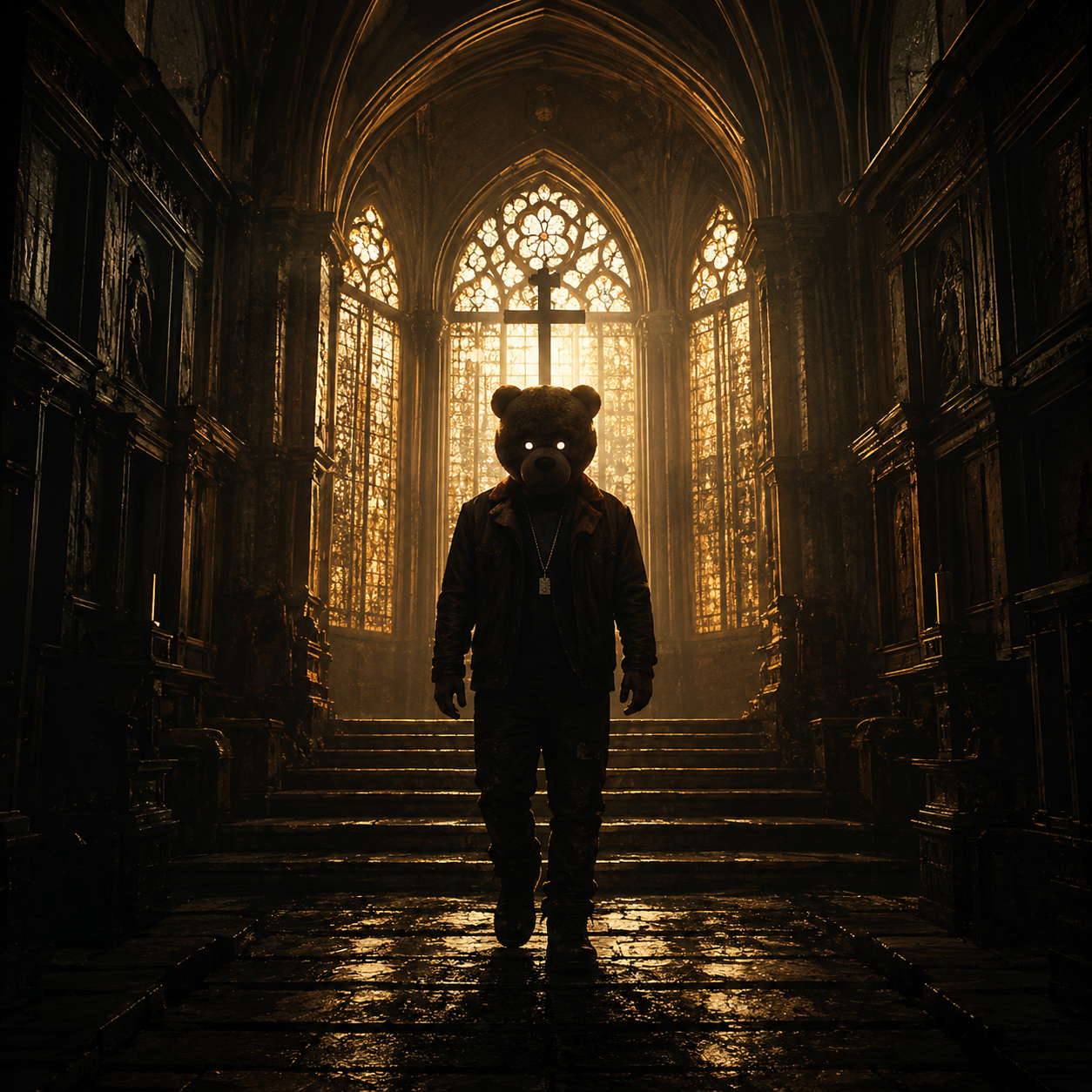afraid-of-the-dark-kanye-type-beat Atmospheric Kanye-inspired trap beat artwork featuring a mysterious bear-headed figure walking through a grand cathedral illuminated by golden stained-glass light, blending gospel-inspired imagery, cinematic production, dramatic shadows, and powerful hip hop energy reminiscent of motivational rap anthems.