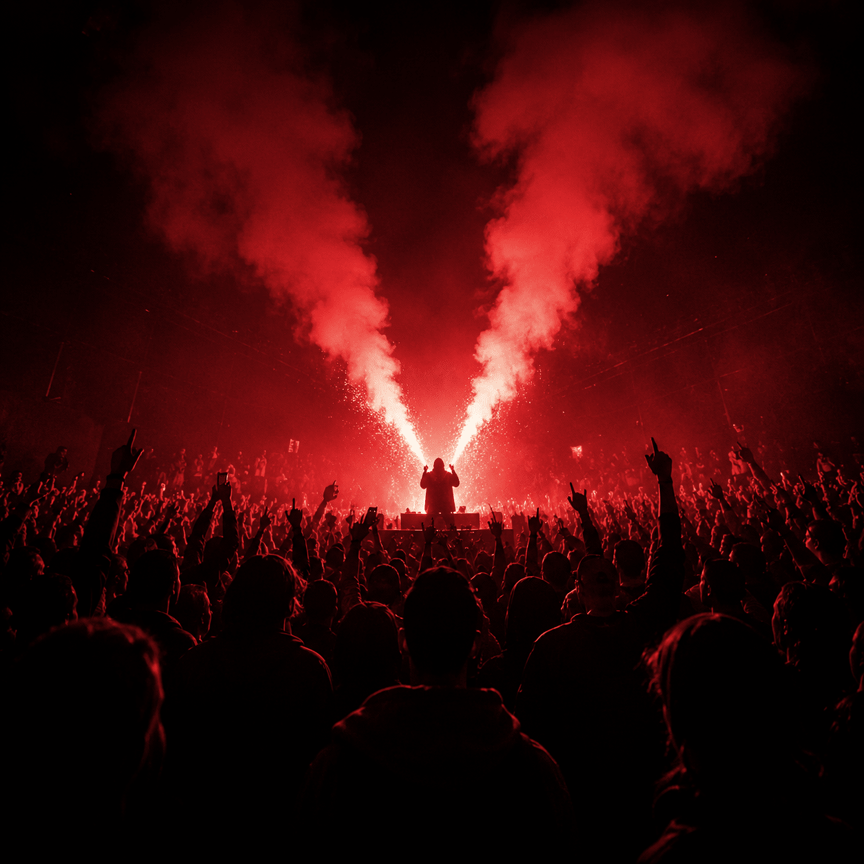 bang-out-eminem-type-beat Bouncy hip hop anthem beat artwork featuring a packed concert crowd, red smoke effects, and intense live performance energy inspired by Eminem-style rap, powerful drums, and crowd-moving records.
