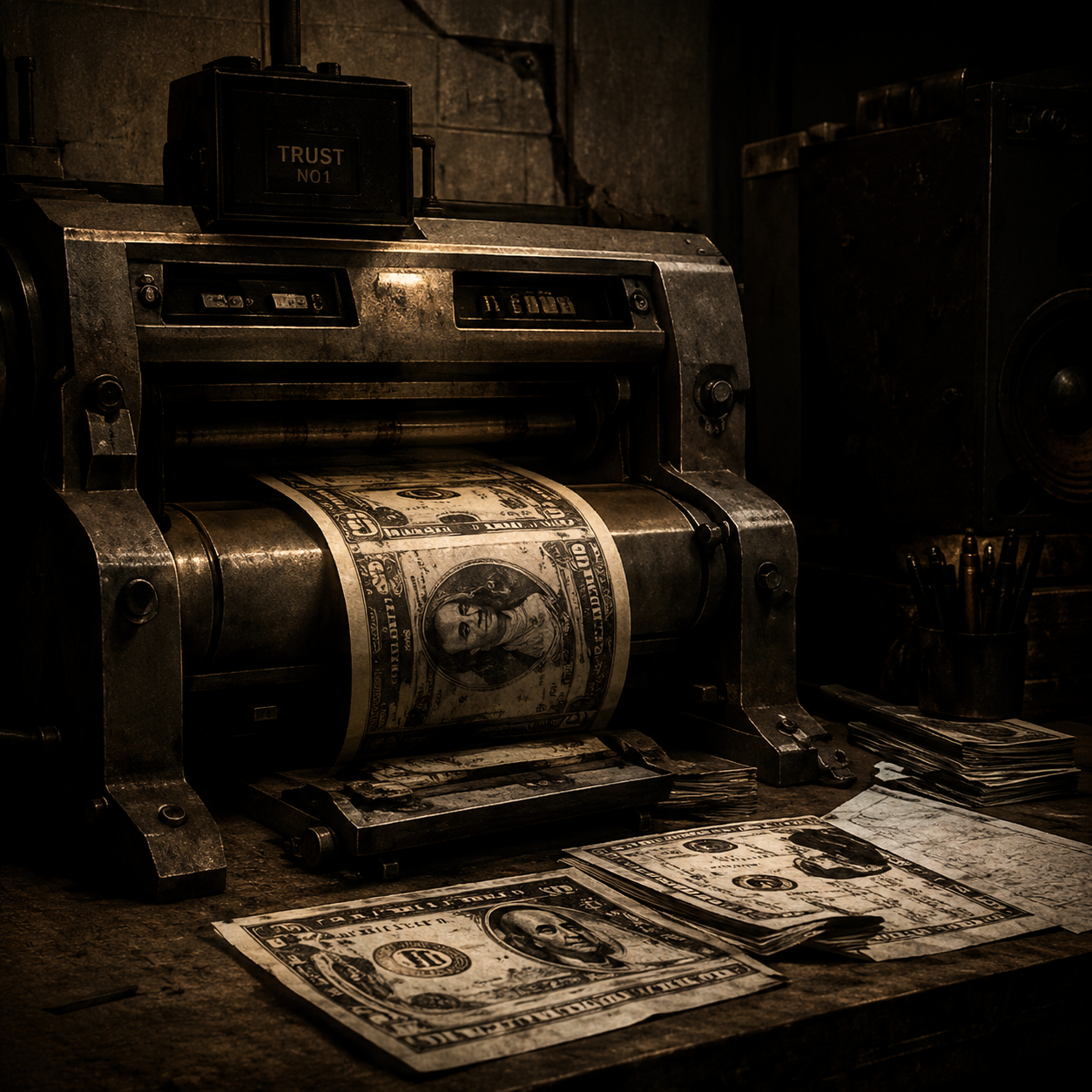 bill-printer-eminem-type-beat Aggressive drill trap beat artwork featuring a money printing machine and stacks of cash, inspired by Eminem-style punchline rap, cinematic tension, dark melodies, and modern drill production.