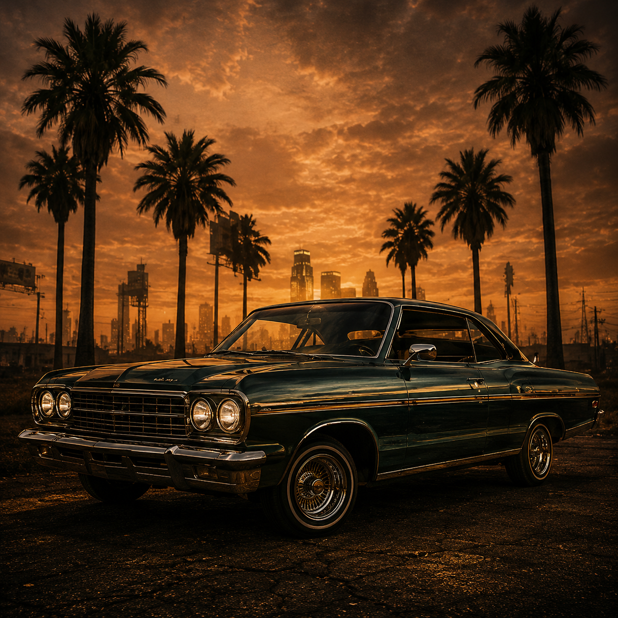 c-walk-g-funk-party-vibes-50-cent-type-beat C-Walk inspired hip hop artwork featuring a classic lowrider cruising beneath palm trees at sunset, capturing the smooth West Coast atmosphere, G-Funk style, and 50 Cent inspired hip hop instrumentals.