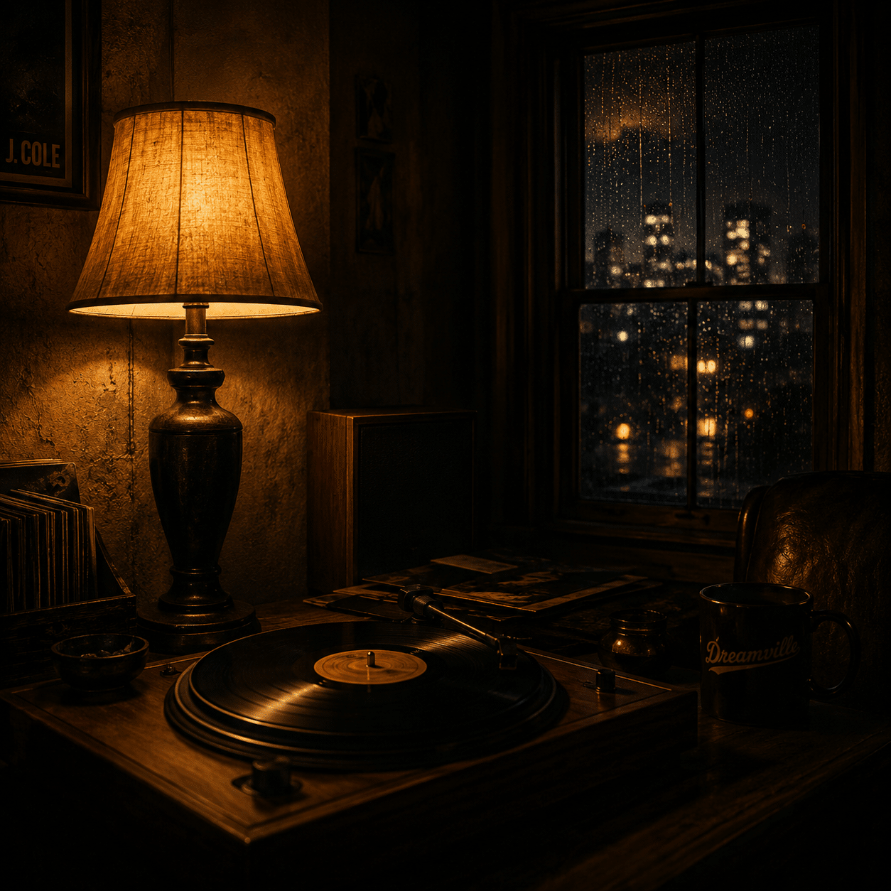 chillout-j-cole-type-beat J. Cole style instrumental artwork featuring a vintage record player, ambient lighting, and a rainy city backdrop, representing smooth soulful hip hop, laid-back production, and reflective lyricism.