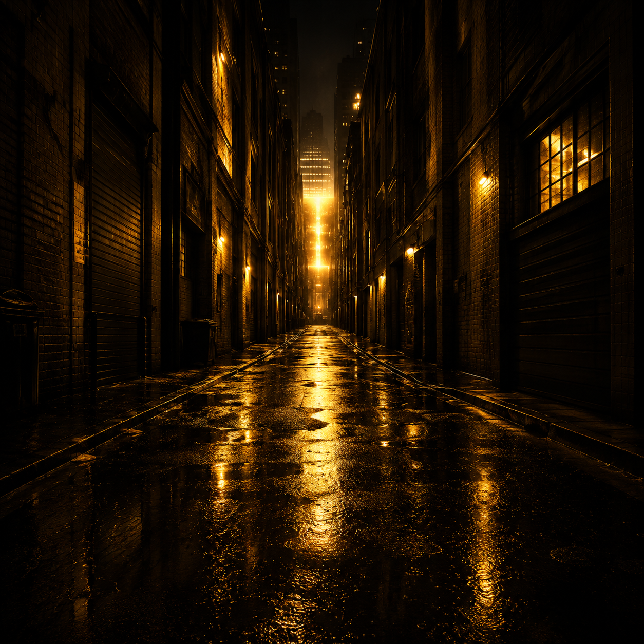 closing-in-migos-type-beat Dark minimal trap beat artwork featuring a narrow Atlanta alleyway illuminated by glowing amber lights, reflective wet pavement, deep shadows, and cinematic tension inspired by Migos-style trap production and modern Atlanta nightlife.