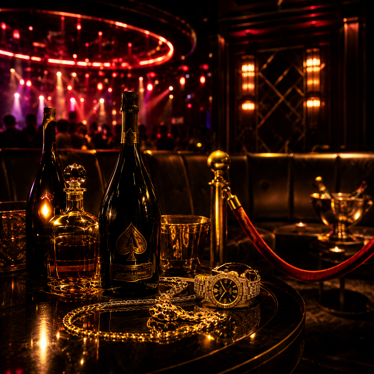 club-migos-type-beat Minimalist party trap beat artwork featuring an exclusive VIP nightclub booth with champagne bottles, luxury jewelry, gold lighting, and upscale Atlanta nightlife aesthetics inspired by Migos-style trap music and club anthems.