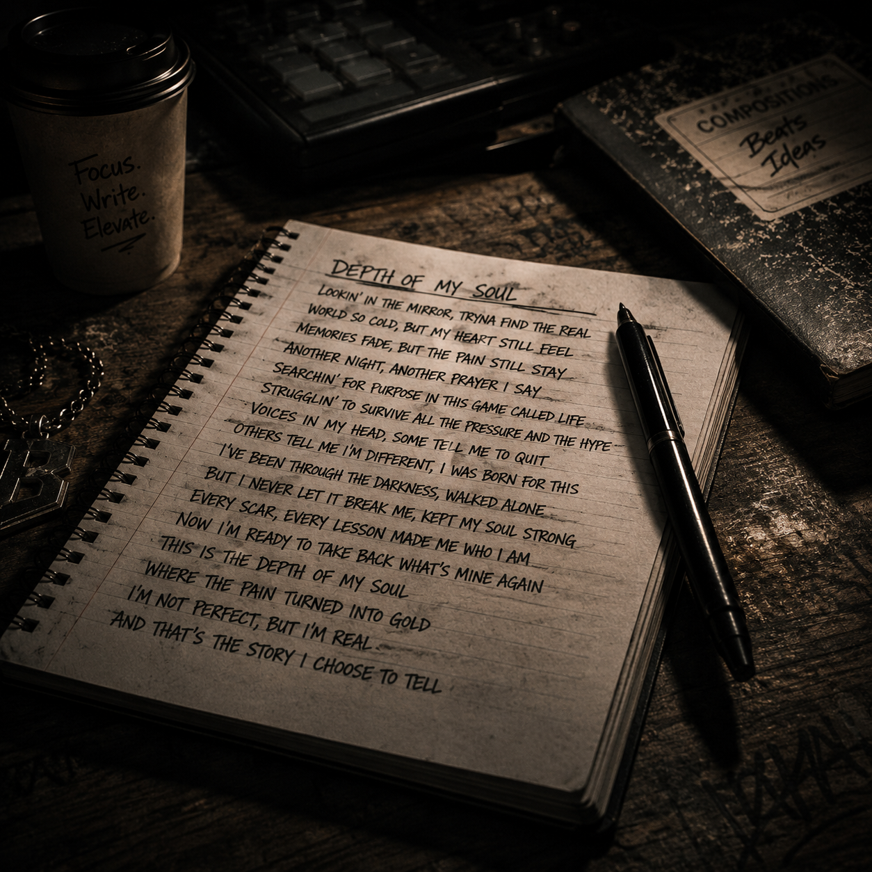 depth-of-my-soul-eminem-type-beat Handwritten rap lyrics in a notebook beside a pen and studio equipment, representing a soulful boom bap instrumental with emotional melodies, classic hip hop drums, and introspective storytelling inspired by Eminem-style lyricism.