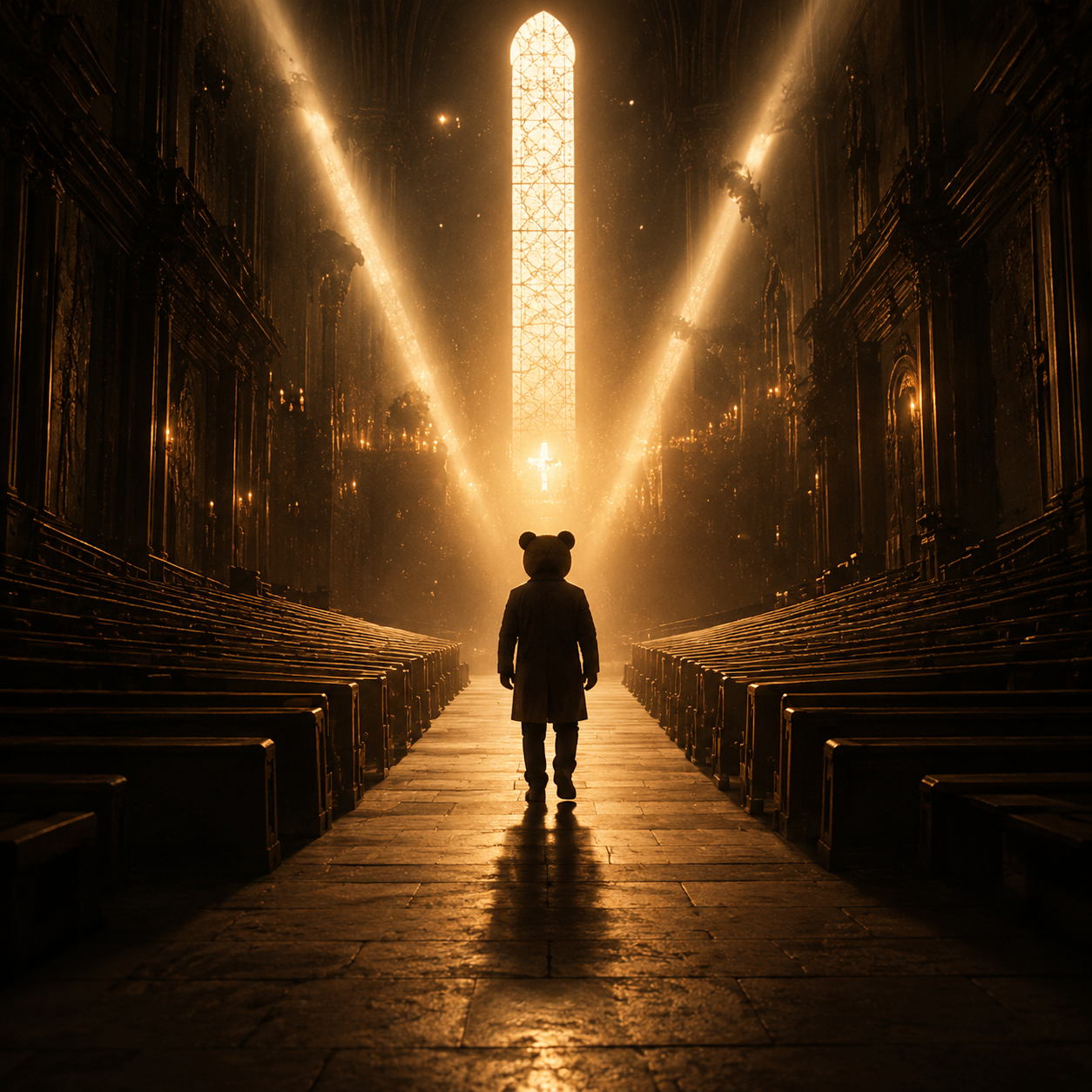 dont-give-kanye-type-beat Soulful motivational hip hop artwork featuring a lone bear-headed figure walking toward radiant golden light inside a grand cathedral, symbolizing perseverance, personal growth, hope, and uplifting Kanye-inspired production built around warm melodies and inspirational energy.