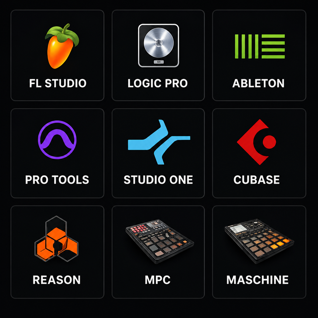 drum-kit-compatible-daws-software Compatible music production software logos including FL Studio, Logic Pro, Ableton, Pro Tools, Studio One, Cubase, Reason, MPC and Maschine for the Greed Is Good Drum Kit.
