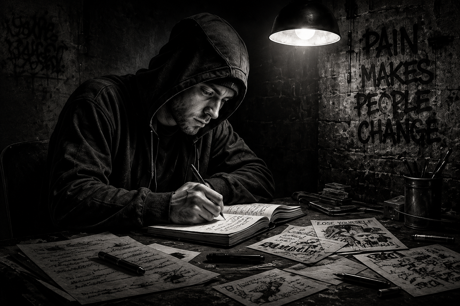 eminem-lyrical-storytelling-hip-hop-writer Eminem type beat artwork featuring a lyricist writing rap verses in a dark underground studio, inspired by storytelling hip hop, battle rap, emotional songwriting, and lyrical rap instrumentals.