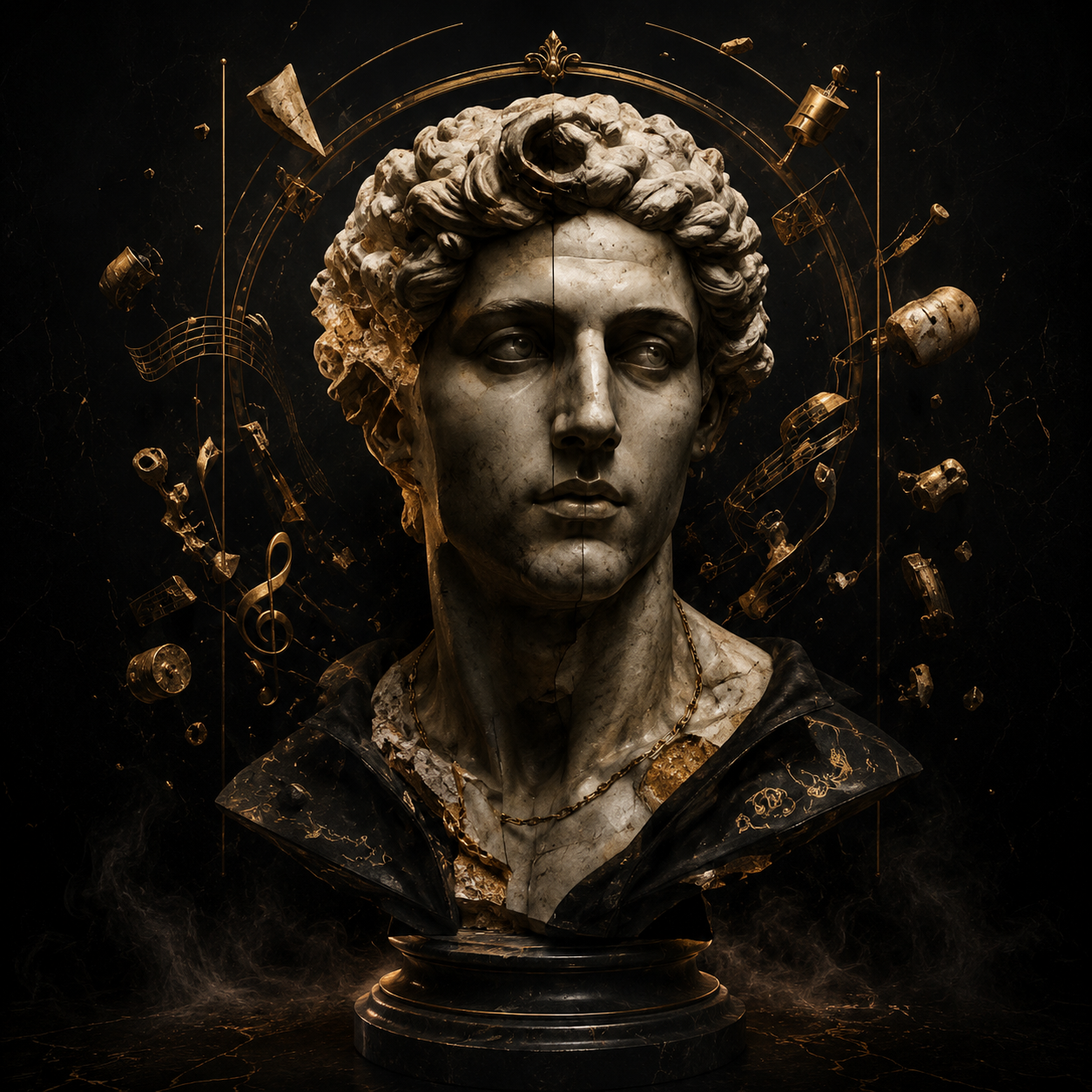genesis-abstract-hip-hop-beat-jack-harlow-type-beat Genesis inspired artwork featuring a dramatic marble bust with abstract golden accents, representing experimental hip hop, artistic creativity, and Jack Harlow style abstract instrumentals.