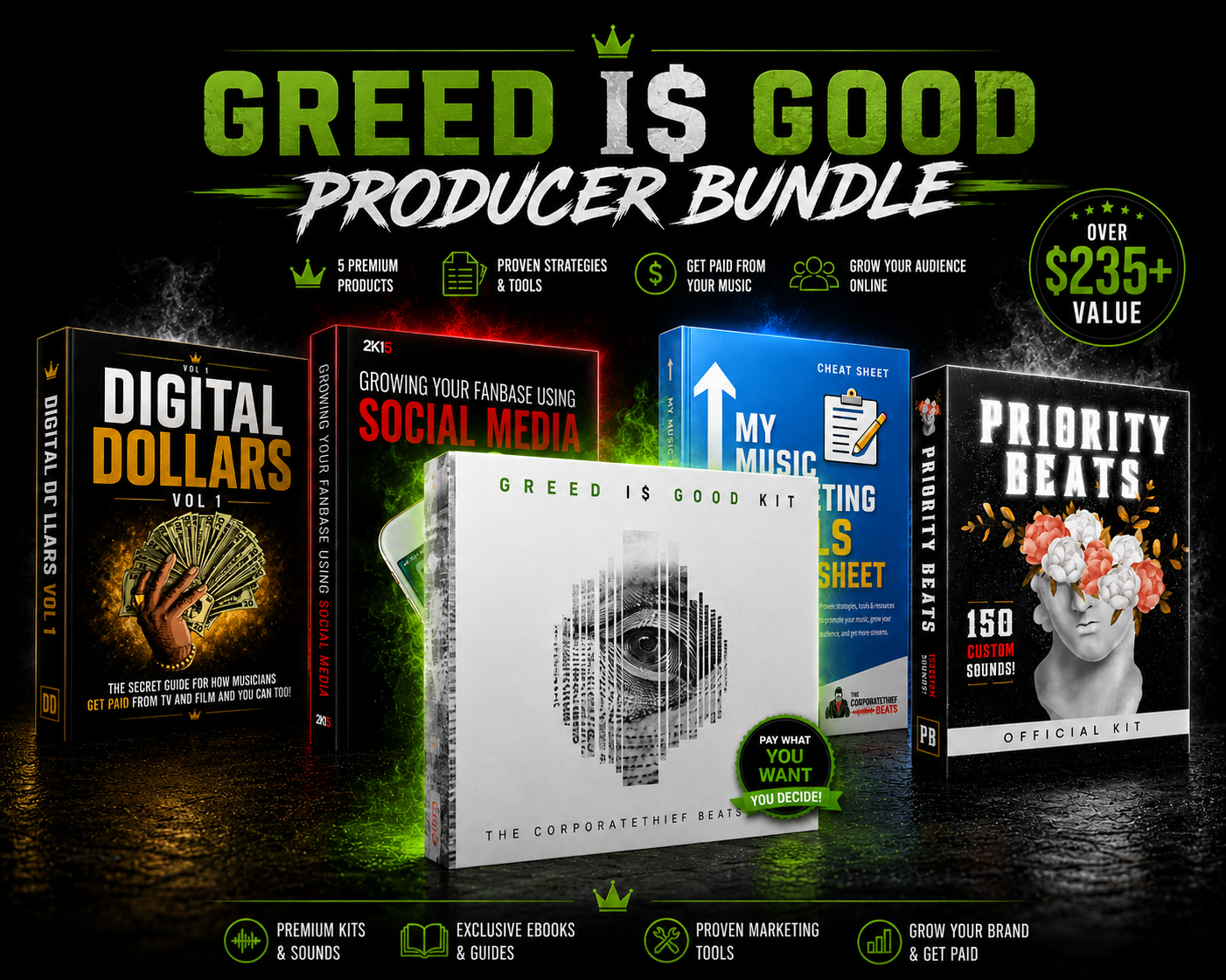 greed-is-good-producer-bundle-mockup Greed I$ Good Producer Bundle mockup featuring the Greed I$ Good drum kit, Music Marketing Tools Cheat Sheet, Growing Your Social Media Fanbase eBook, Digital Dollars Vol. 1 eBook, and Priority Beats Official Kit with over $235+ value.