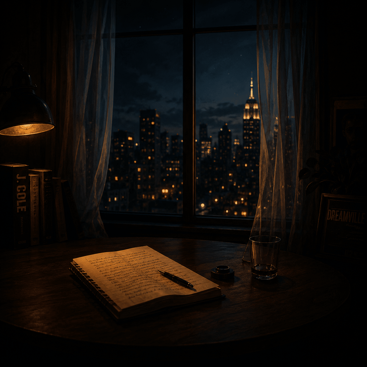 hidden-truth-j-cole-type-beat Moody nighttime workspace with handwritten lyrics, warm lamp light, and a city skyline backdrop, capturing the emotional depth, reflective songwriting, and melodic trap influences of a J. Cole-inspired hip hop beat.