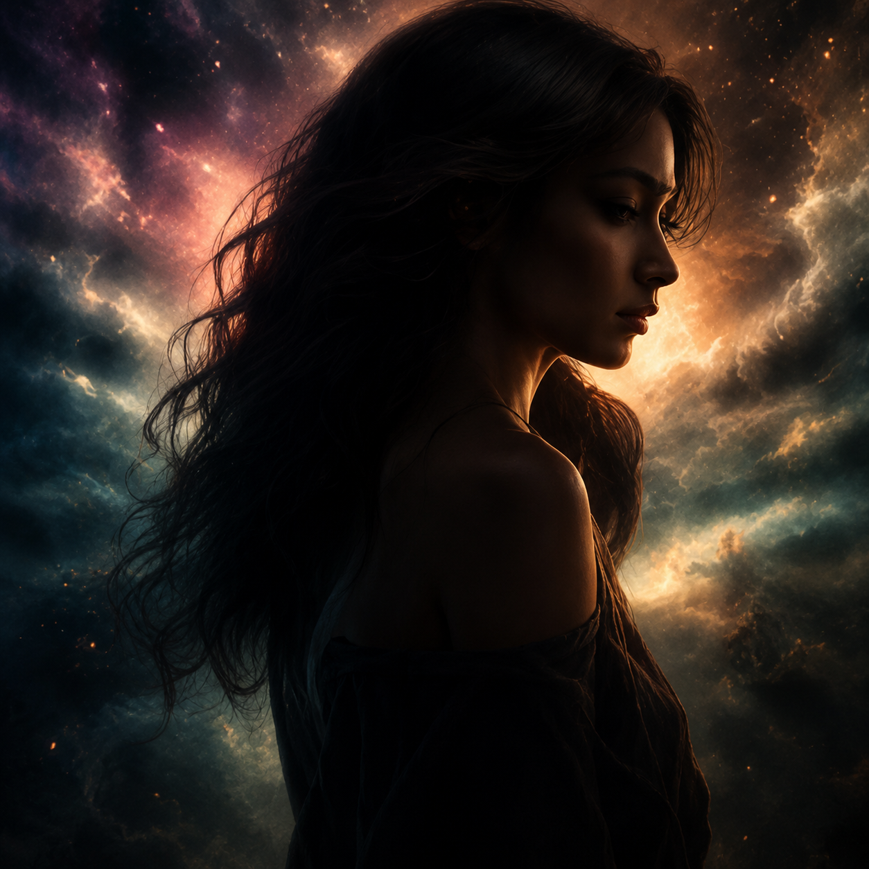 i-want-to-know-trippy-female-vocal-hook-jack-harlow-type-beat I Want To Know inspired artwork featuring a woman in profile against a surreal cosmic sky with glowing clouds, representing dreamy melodies, female vocal textures, trippy hip hop production, and Jack Harlow inspired instrumentals.