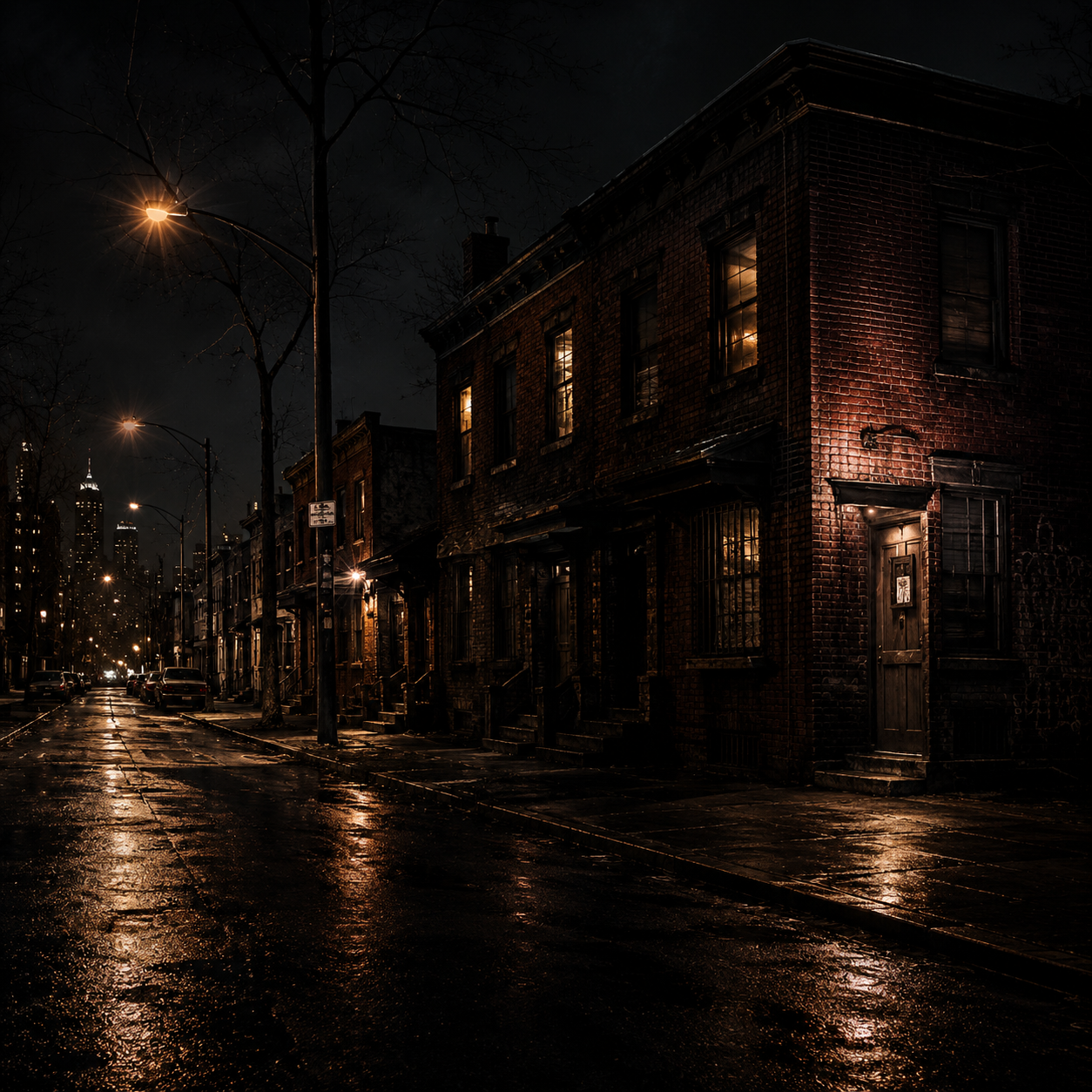 in-da-hood-hood-storytelling-rap-50-cent-type-beat In Da Hood inspired hip hop artwork featuring a rain-soaked neighborhood street at night with brick buildings, warm streetlights, and a gritty urban atmosphere, representing hood storytelling rap and 50 Cent style instrumentals.