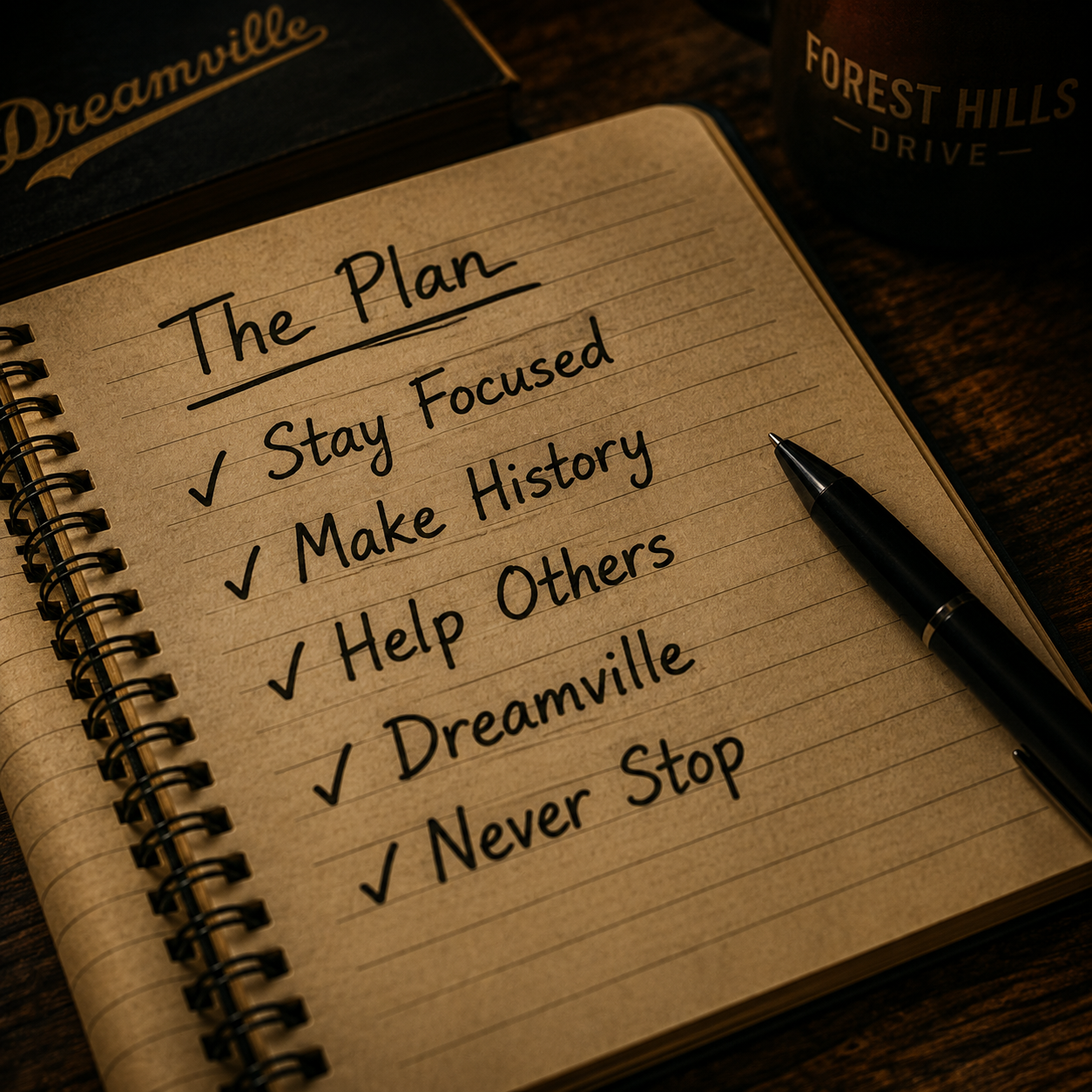 j-cole-dreamville-goals-notebook J. Cole type beat artwork featuring a handwritten goal-setting notebook, symbolizing ambition, focus, storytelling rap, self-development, and soulful conscious hip hop production.