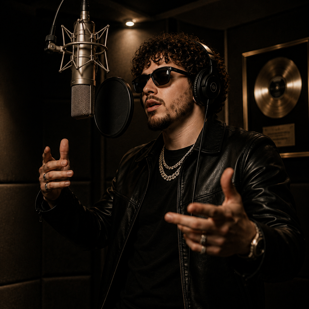 jack-harlow-inspired-recording-studio-freestyle Jack Harlow inspired rapper recording vocals in a professional studio booth with headphones and a hanging condenser microphone, representing premium commercial hip hop production and modern melodic rap instrumentals.