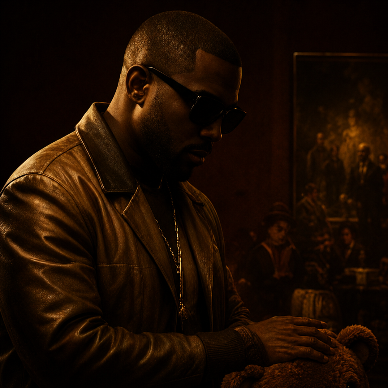 kanye-inspired-portrait-hip-hop-producer Moody hip hop portrait featuring a fashion-forward rapper in sunglasses and a leather jacket surrounded by warm amber lighting, soulful studio aesthetics, and artistic luxury inspired by Kanye-style instrumentals, sample-based hip hop production, and cinematic rap music.