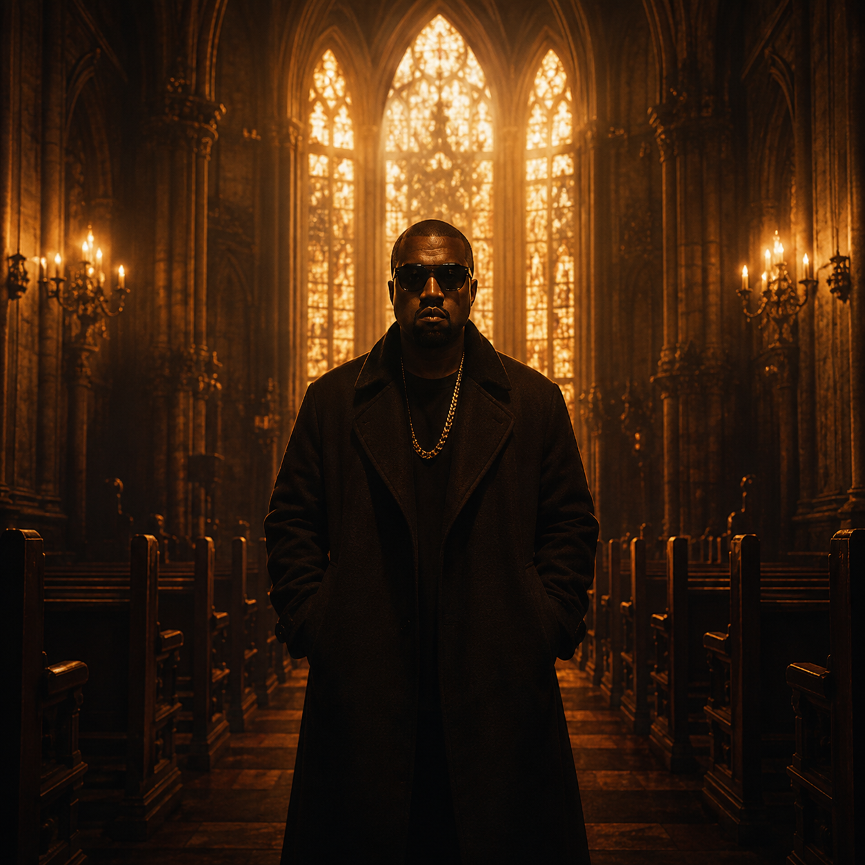 lost-ones-kanye-type-beat Emotional conscious hip hop artwork featuring a thoughtful rapper wearing signature shutter-style sunglasses standing alone inside a grand cathedral illuminated by warm golden stained-glass light, symbolizing introspection, personal struggle, self-reflection, and the cinematic storytelling found in Kanye-inspired hip hop production.