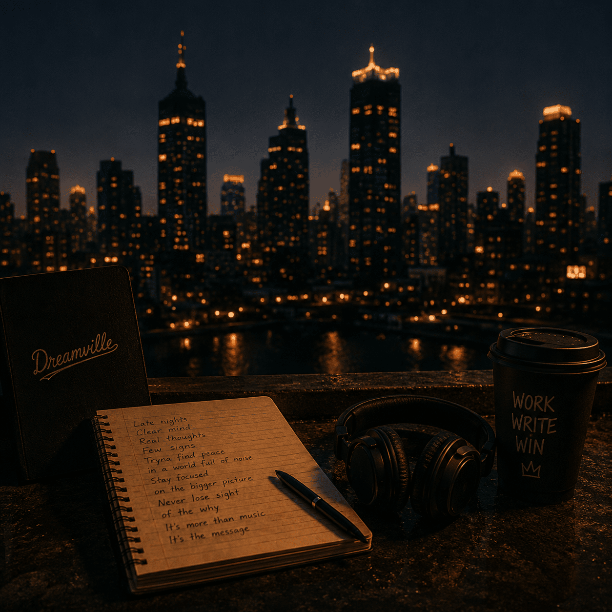 nice-to-meet-j-cole-type-beat Late-night city skyline illuminated by warm lights with a creative workspace overlooking the urban landscape, representing melodic rap, introspective lyricism, smooth trap influences, and the reflective storytelling style of a J. Cole-inspired instrumental.