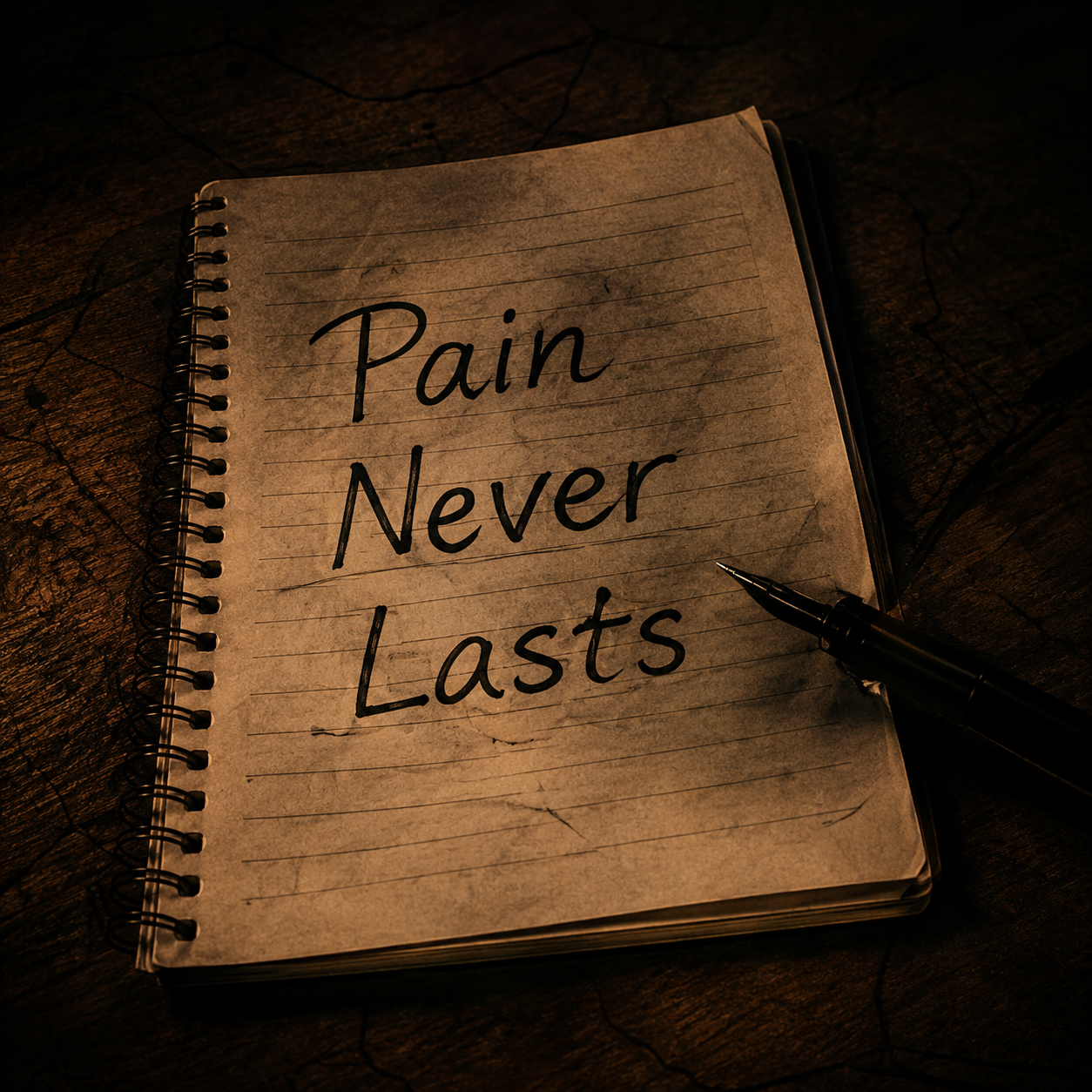 pain-never-lasts-j-cole-type-beat J. Cole style instrumental artwork featuring a handwritten notebook message about overcoming pain, representing emotional storytelling rap, reflective lyricism, soulful melodies, and conscious hip hop themes.