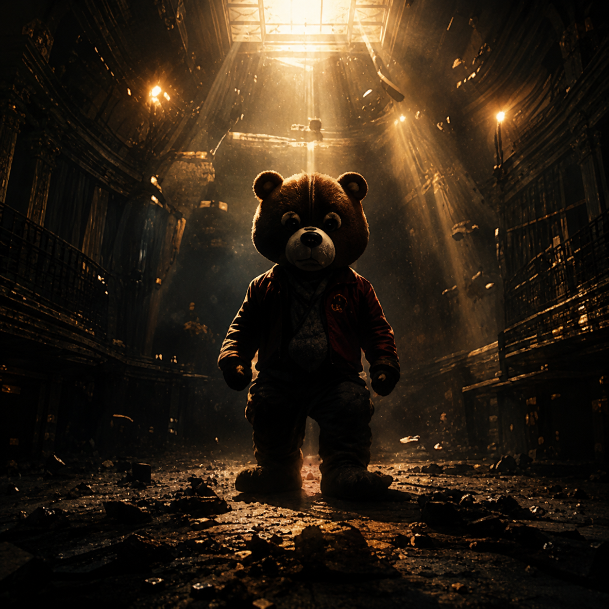 release-the-beast-kanye-type-beat Dark experimental hip hop artwork featuring a lone teddy bear figure walking through a ruined cathedral illuminated by dramatic golden light beams, symbolizing creative transformation, bold artistic vision, and the layered cinematic production style associated with Kanye-inspired instrumentals.