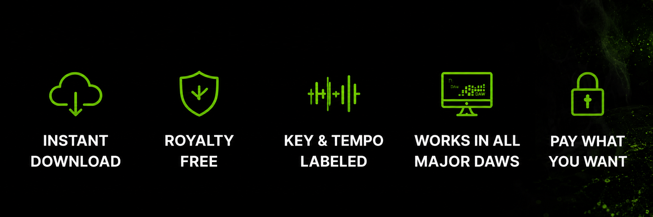 royalty-free-drum-kit-benefits Key features of the Greed I$ Good Drum Kit including instant download, royalty-free samples, key and tempo labeled files, compatibility with all major DAWs, and pay what you want pricing.