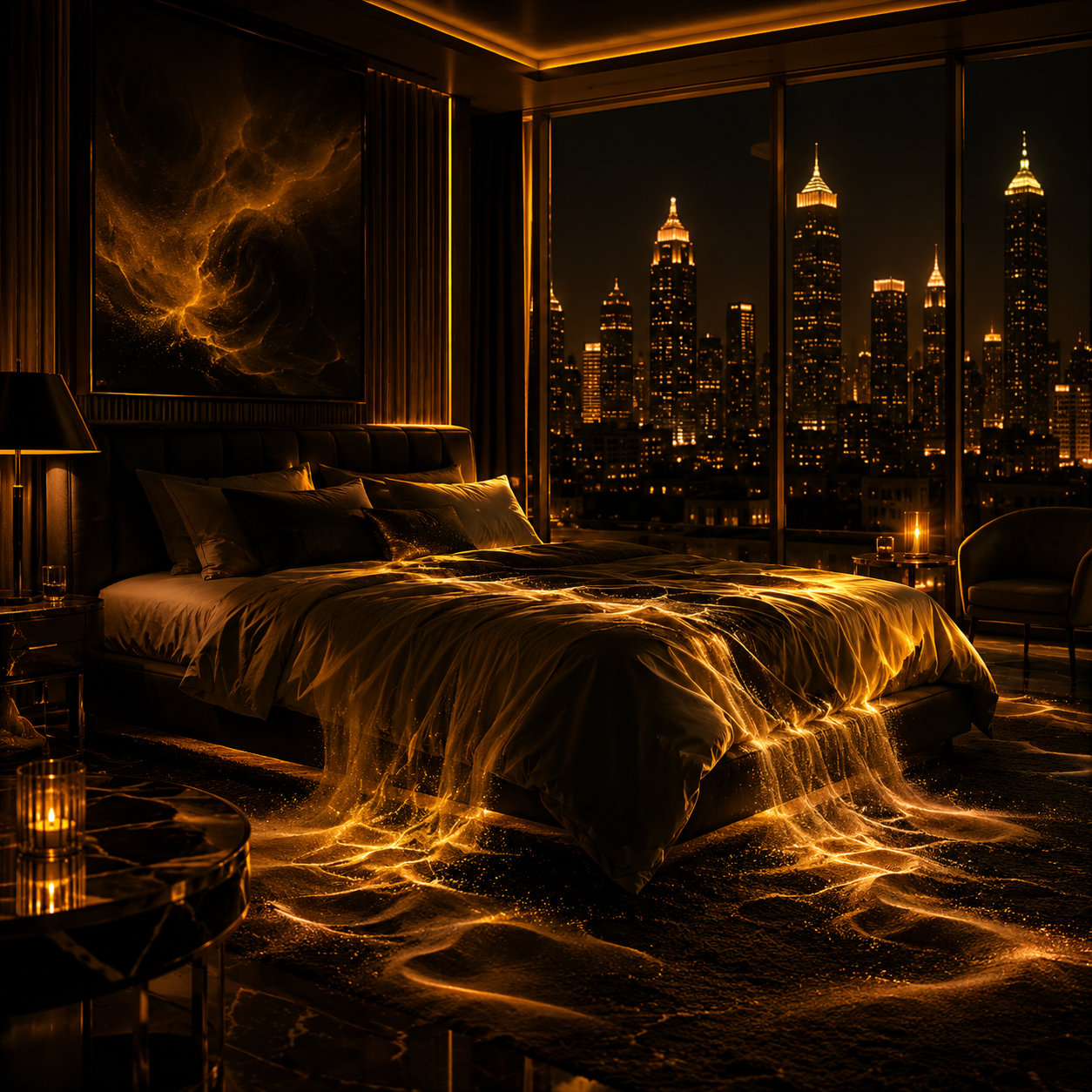 sandman-migos-type-beat A luxurious bedroom at night features golden lights flowing over the bed and onto the floor, with a glowing city skyline visible through large windows in the background.
