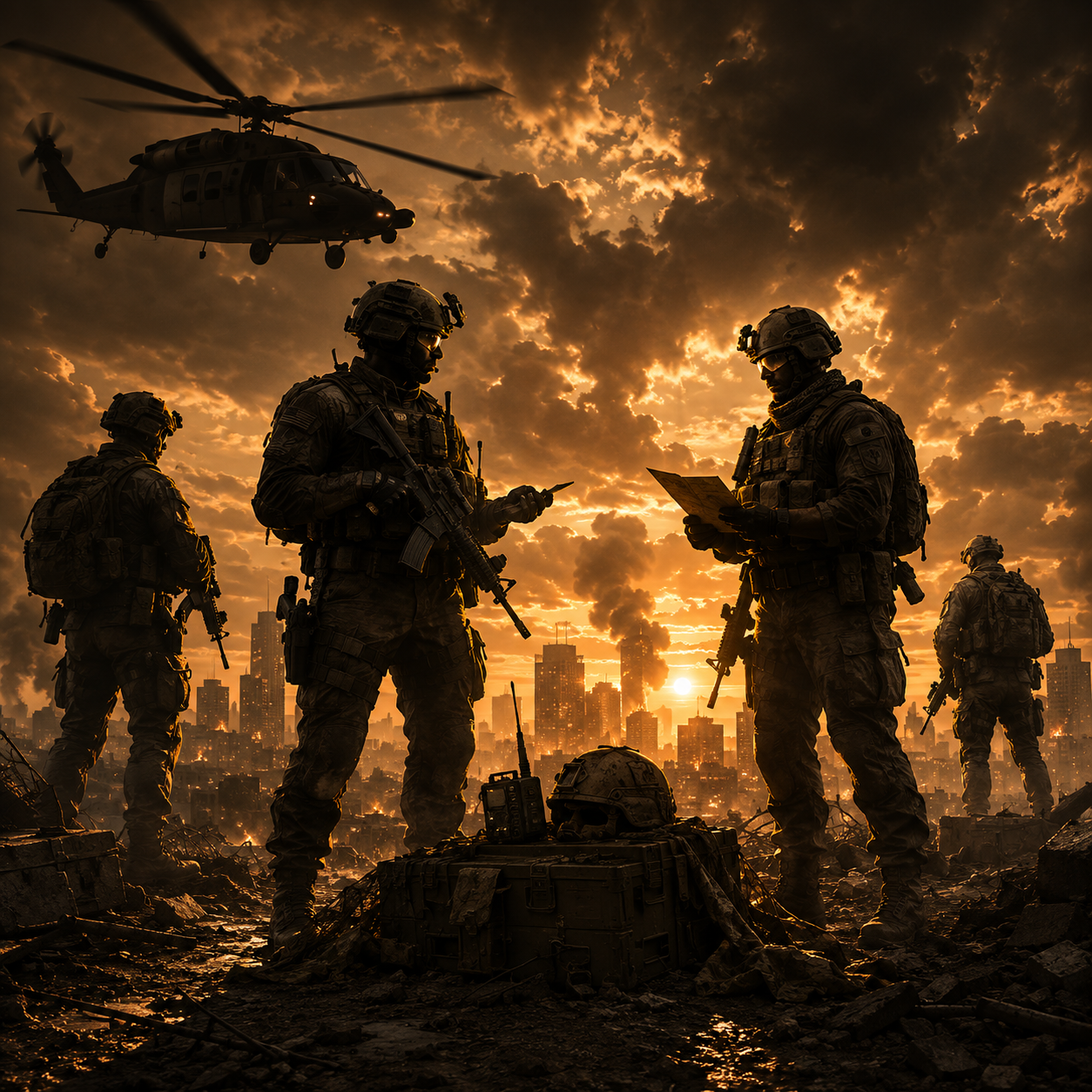 the-army-50-cent-type-beat-militant-street-anthem The Army inspired hip hop artwork featuring tactical soldiers beneath military helicopters in a dramatic urban battlefield, symbolizing strength, discipline, street survival, and militant 50 Cent style hip hop instrumentals.