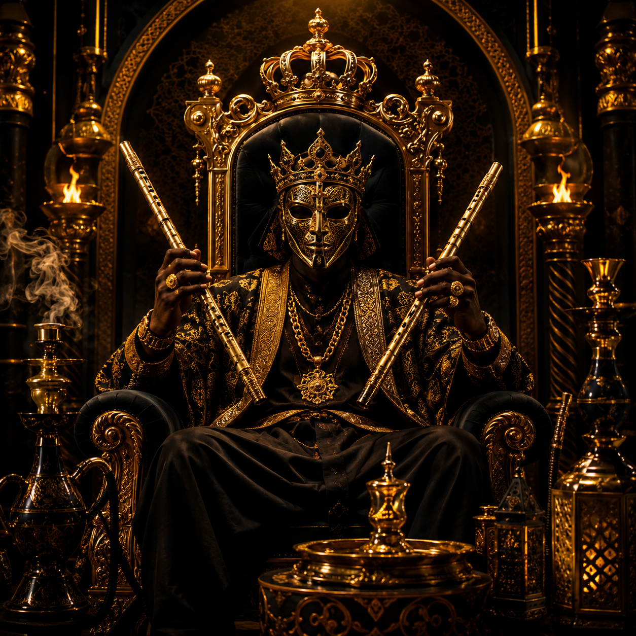 the-prince-migos-type-beat Ethnic flute trap beat artwork featuring a masked king seated on a lavish golden throne, holding ornate flutes inside a luxurious palace filled with gold accents, smoke, and cinematic lighting, inspired by Migos-style trap music and luxury Atlanta production.