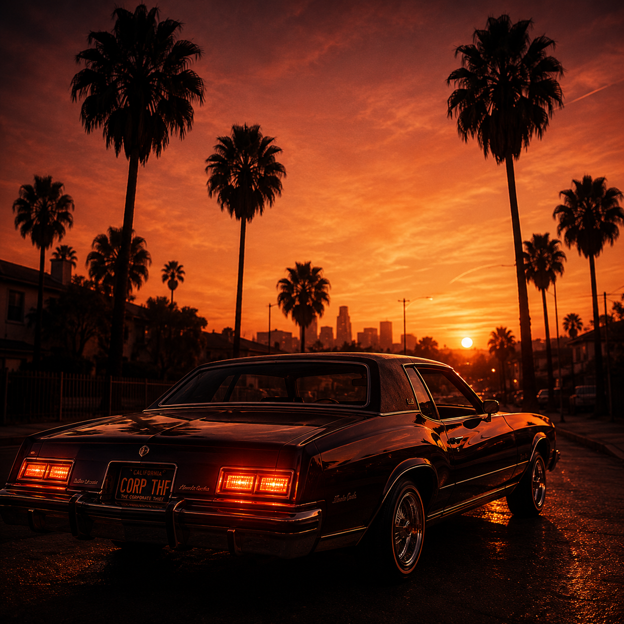 tropical-eminem-type-beat Classic G-funk hip hop beat artwork featuring a lowrider car and palm-lined boulevard at sunset, inspired by west coast rap, smooth basslines, funky melodies, and vintage hip hop production.