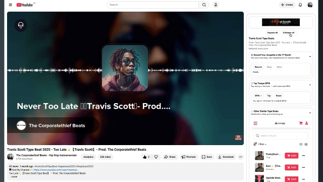 yt booth how to guide A YouTube video page displays a Travis Scott type beat titled Never Too Late. The video features an illustrated portrait of a man with sunglasses and dreadlocks, with audio waveforms and the channels logo, The CorporateThief Beats.