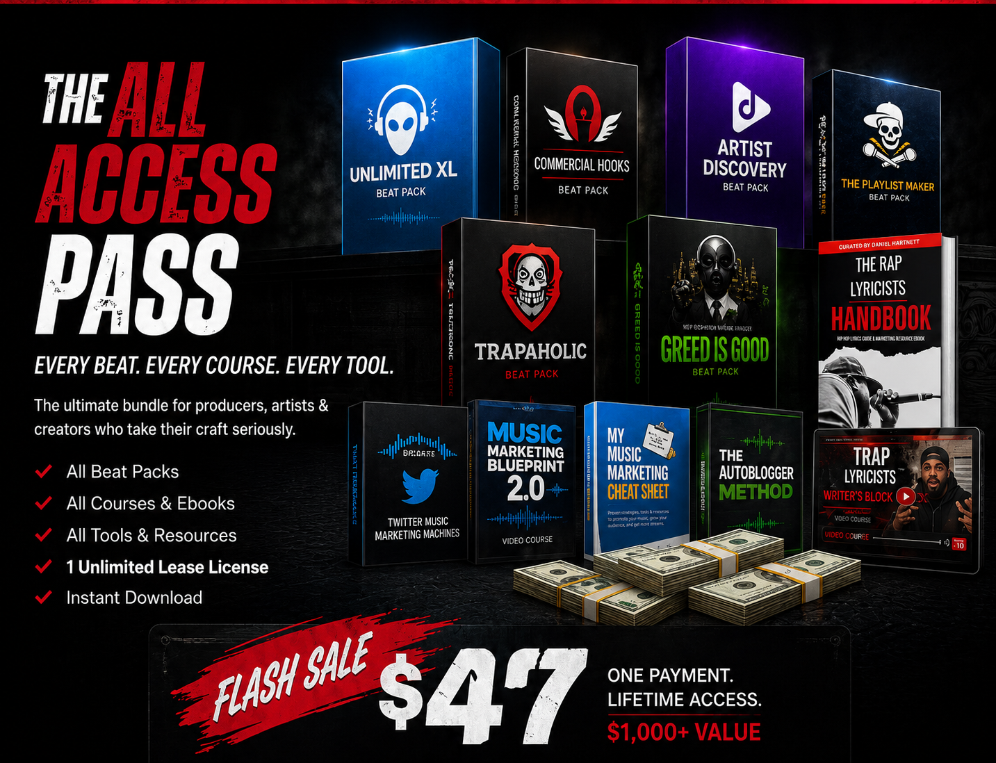 all access pass A promotional image for The All Access Pass, offering music production tools, beat packs, guides, and ebooks for $47, displayed as colorful boxes against a dark background, with red “Flash Sale” banner.