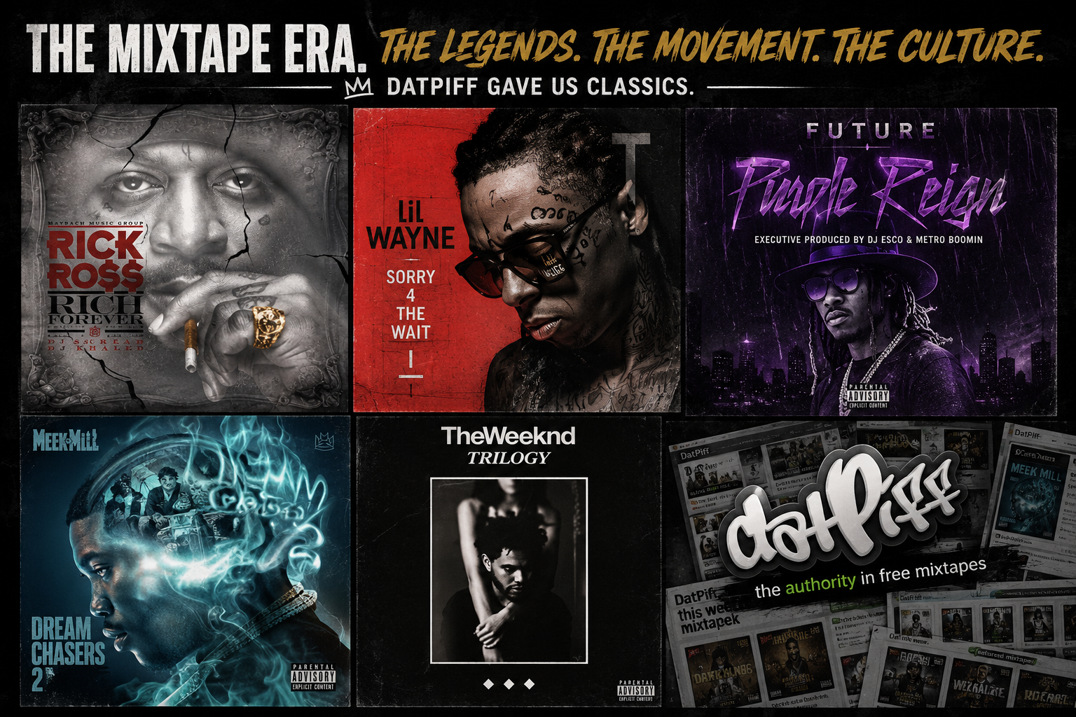 datpiff-mixtape-era-hip-hop-classics-collage-2026 Collage celebrating the golden era of DatPiff featuring iconic hip-hop mixtape-inspired artwork representing legendary releases that helped define the mixtape culture of the late 2000s and early 2010s.