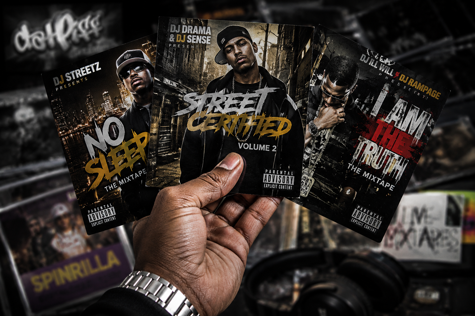 hip-hop-mixtape-era-cassette-collection-2026 Hand holding a collection of stylized hip-hop mixtape covers representing the golden era of mixtape culture, symbolizing the evolution and decline of traditional mixtape websites.