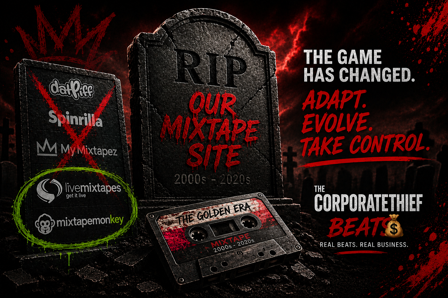mixtape-websites-2026-final-thoughts-corporatethief-beats Illustration showing the decline of classic mixtape websites, with DatPiff, Spinrilla and MyMixtapez crossed out, while LiveMixtapes and MixtapeMonkey remain highlighted as active options for independent rappers in 2026.