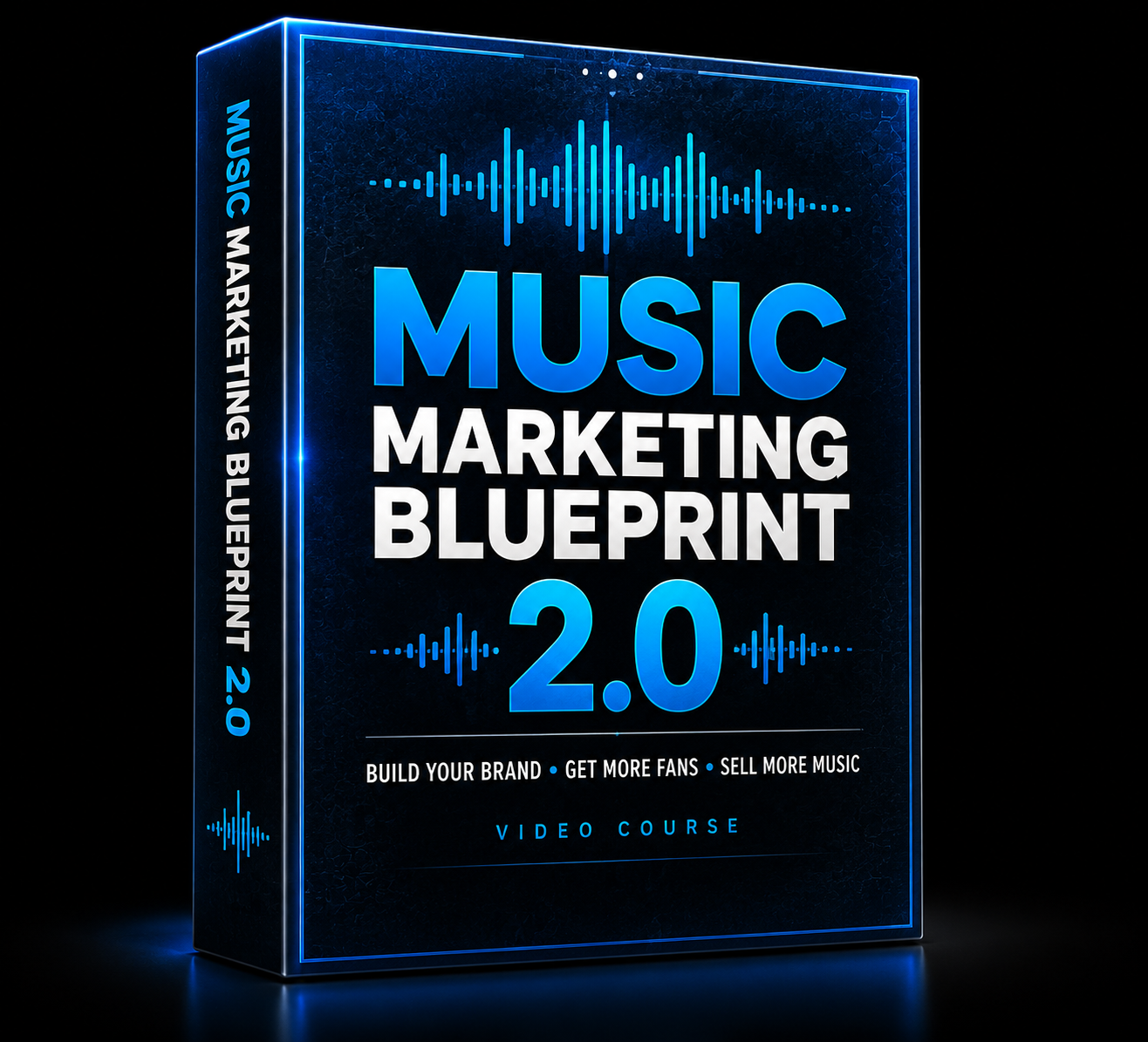 music-marketing-blueprint-2-0-course-box A 3D-rendered box for a video course titled Music Marketing Blueprint 2.0 with blue accents, soundwave graphics, and text promising to build your brand, get more fans, and sell more music.