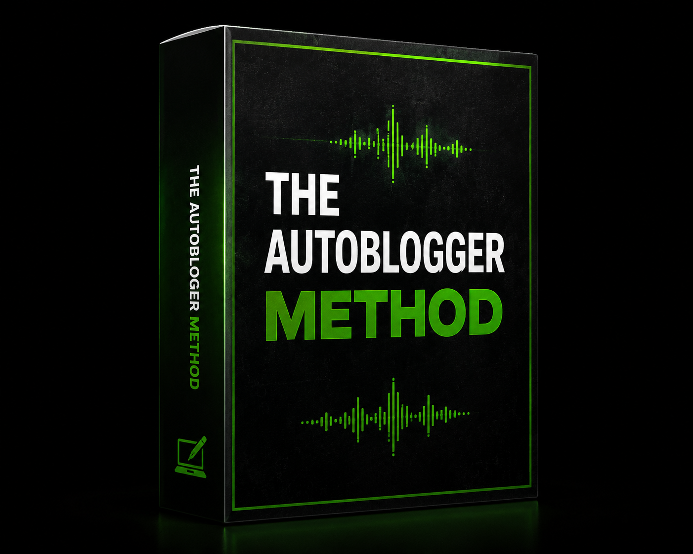 the-autoblogger-method-course-box A black product box with green accents displays the text The Autoblogger Method and green sound wave graphics on the front.