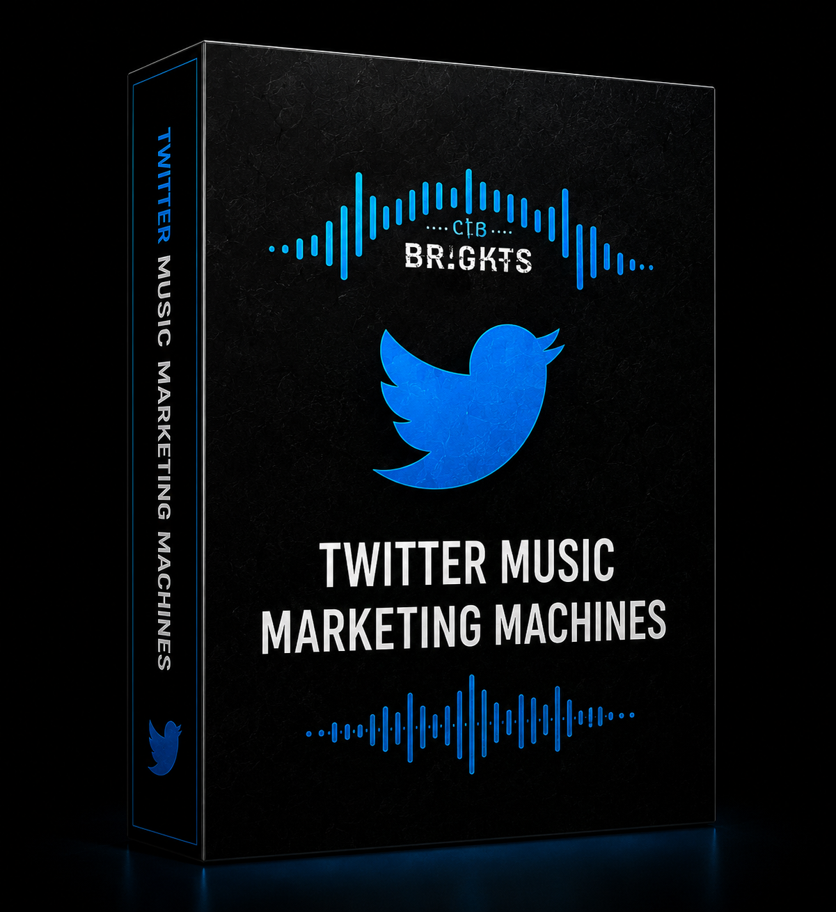 twitter-music-marketing-machines-video-course A software box labeled Twitter Music Marketing Machines with a blue Twitter bird logo and blue sound wave graphics on a black background.