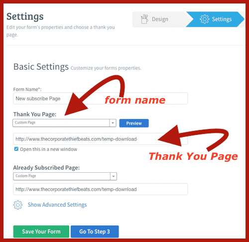 email sign up form settings