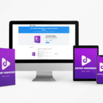 A computer monitor, tablet, smartphone, and a product box display the Artist Discovery Beat Pack with a purple cover and white music note logo, showcasing digital course content on a website.
