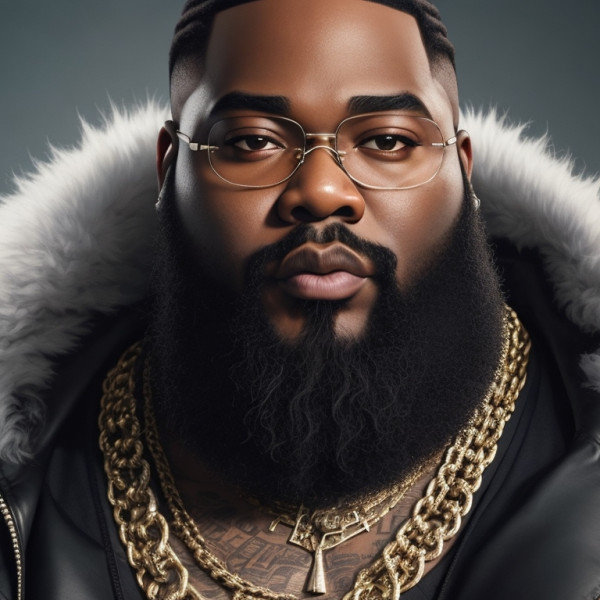 Rick Ross with a beard and a beard wearing a black jacket and gold chains