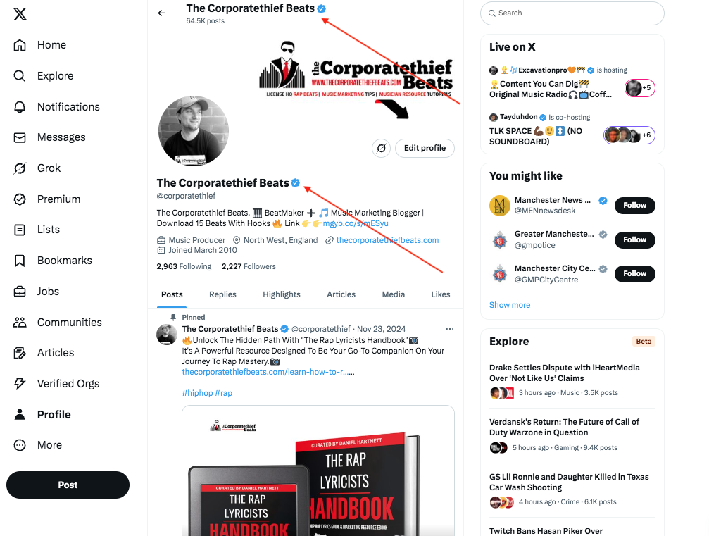 the corporatethief beats on X.com blue check mark