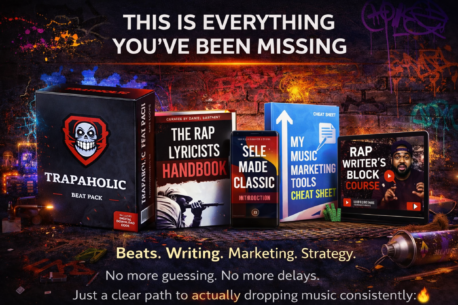 A colorful, graffiti-themed ad displays five hip hop-related digital products, including beat packs, music marketing guides, and lyric writing courses. Text highlights: “THIS IS EVERYTHING YOU’VE BEEN MISSING” and key features below.