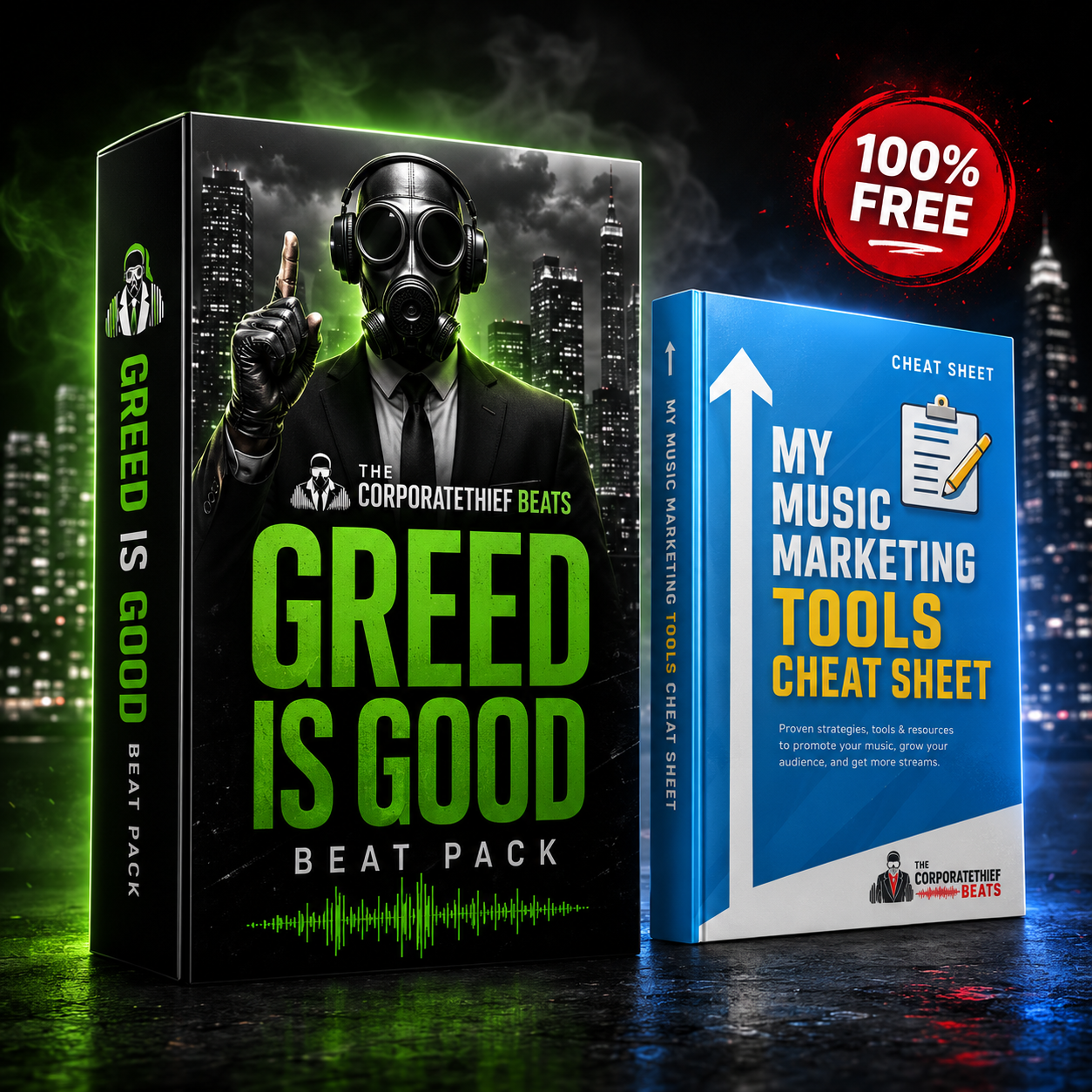 Two products side by side: a Greed Is Good Beat Pack box featuring a person in a gas mask and suit, and a blue My Music Marketing Tools Cheat Sheet booklet, labeled 100% Free, against a city skyline background.